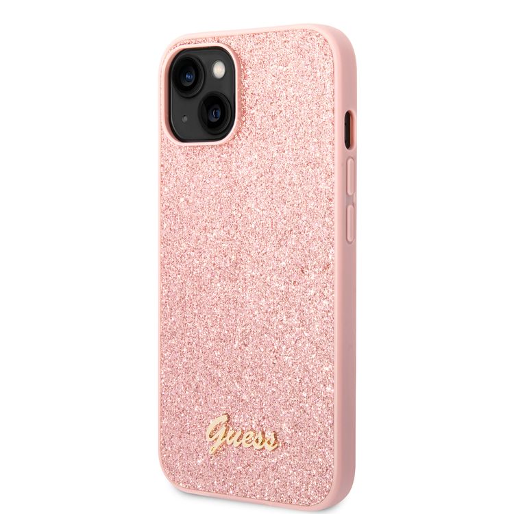 Guess PC/TPU Glitter Flakes Case with Script Metal Logo iPhone 14 Compatibility - Pink