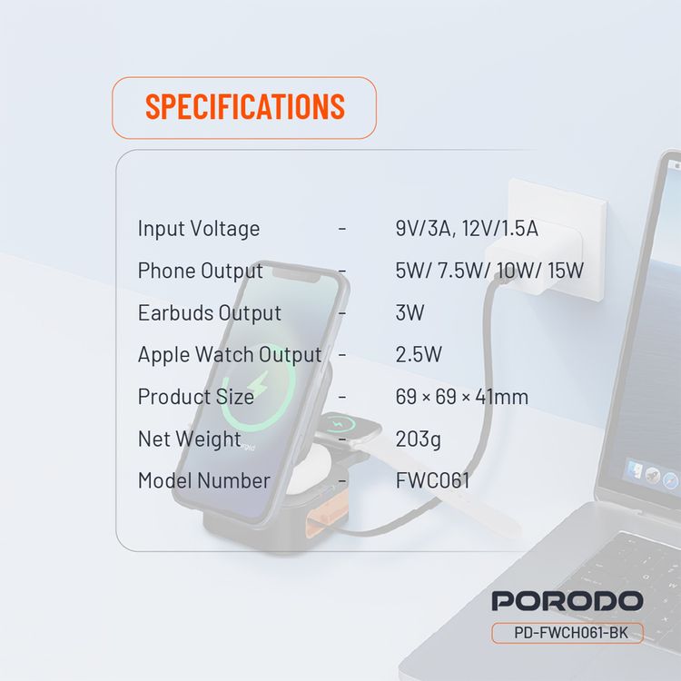 Porodo Pocket-Sized Folding Wireless Charger with 15W Wireless Output, Built-in Charging Cable, 3W Earbuds Output, Multi-Device Charging, 2.5W Apple Watch Output - Black