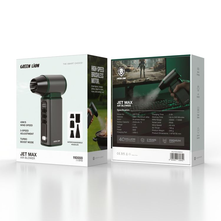Green Lion Jet Max Air Blower with 110000 RPM, 45m/s Wind Speed, 5-Speed Adjustment, Turbo Boost Mode, 240 Minutes Runtime, Digital Display, LED Spotlight, USB-C Charging Port, Interchangeable Nozzles,  Brushless Motor, 2-3 Hours Charging Time - Gray