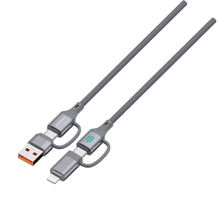 Porodo 4-in-1 High-Speed Charging Cable with Braided Material, 1m Cable Length, 240W Power Delivery, Aluminum Alloy Material, Tangle-Free Design, 480Mbps Data Transfer Speed - Gray
