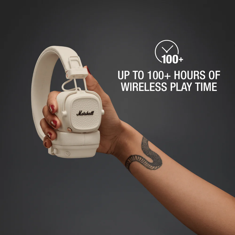 سماعات رأس لاسلكية مارشال ميجور في بتصميم متين وقابل للطي، شحن لاسلكي، مدة شحن تصل إلى 3 ساعات، زر M قابل للتخصيص، بلوتوث الإصدار 5.3، مدة تشغيل تصل إلى 100 ساعة - كريمي