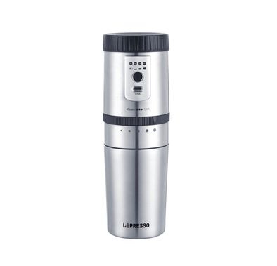 LePresso Portable Burr Mini Grinder and Coffee Maker with Type-C Charging Port, Adjustable Grind Size, Drip Filter, Travel Mug, 250mL Mug Capacity, 18g Coffee Bean Capacity, 1600mAh Battery - Silver