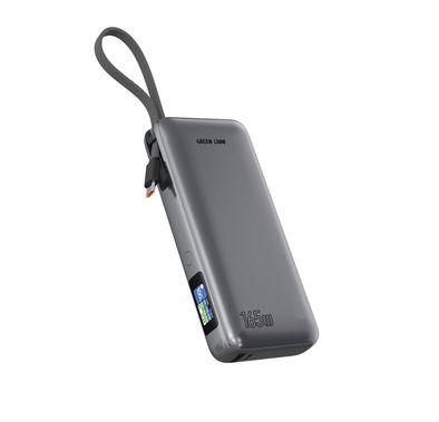 Green Lion Tron X 20000mAh Power Bank with 165W Power Delivery, USB-C & USB-A Ports, Flight-Approved, Built-in USB-C Cable, Smart TFT Power Display, Multiple Protection - Gray