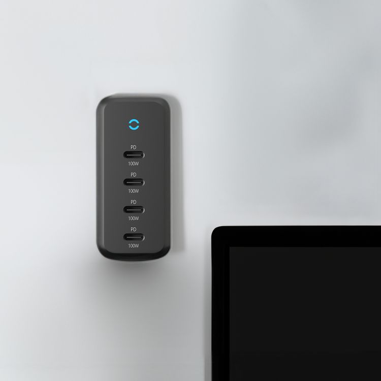 Powerology 165W GaN Desktop Charger with 4 USB-C PD Ports, Overload Protection, 100W Power Delivery, UK 3-pin Plug, 0%-60% Charge in 35 Minutes - Black