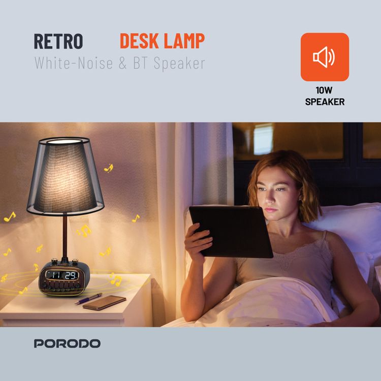 Porodo Retro Desk Lamp White-Noise & BT Speaker, Alarm and Snooze Function, Screen Display, 3 Brightness Levels (Low, Medium, High), Charging Ability, 8 Nature Sounds, USB-A Charging Port - Black 
