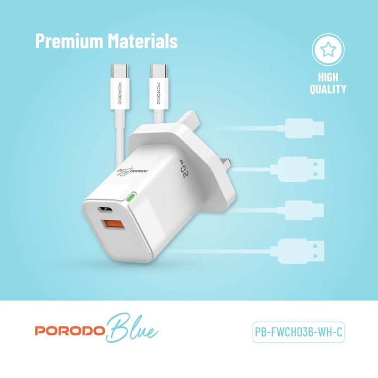 Porodo Blue Ultra-Quick Charger with 1m USB-C to USB-C Cable, USB-A & USB-C Ports, 20W Total Output, 3A Output Current, 5V Output Voltage, Multi-Device Charging, Fast Charge Support - White