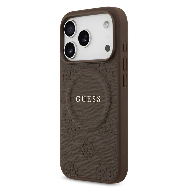 Guess MagSafe PU Leather Case with Classic Logo & Peony Hot Stamp Design for iPhone 17 Pro, Slim Profile, Easy Snap-On, Sustainable Packaging, Comfortable Grip, Drop Protection - Brown