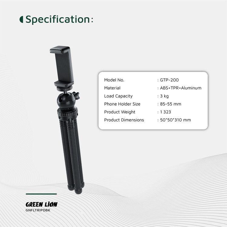 Green Lion Flexible Tripod with Foam Grips, ABS + TPR & Aluminum Material, 3kg Load Capacity, 360° Rotation, Flexible Legs, 2-Angle Adjustable, Pan & Tilt Functions - Black