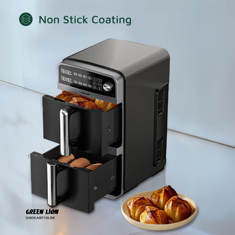 Green Lion Double Decker Air Fryer, 2400W, 110-240V,  50-60 Hz Frequency,  5L+5L Capacity, 0-200°C Temperature, Auto Function, Sync and Match Functions - Black
