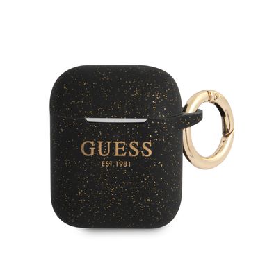 CG MOBILE Guess Silicone Glitter Case with Anti-Lost Ring Compatible for AirPods 1/2, Scratch Resistant, Shock Absorption & Drop Protection Cover  Officially Licensed - Black