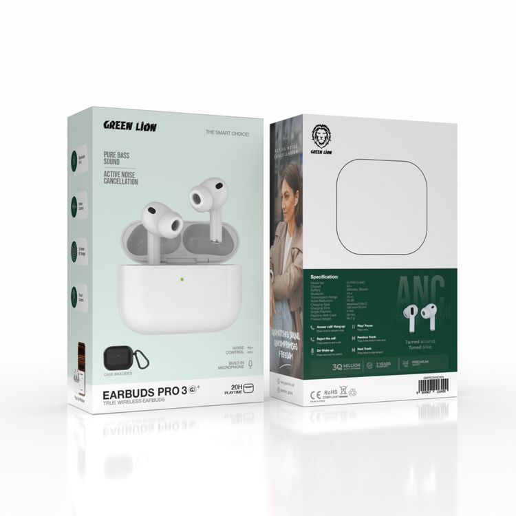 Green Lion Earbuds Pro 3 with ANC, Noise Control, Touch Control, Pop-Up Window, Case Included, Built-in Microphone, 20 Hours Playtime, 25m Transmission Range, Bluetooth Version 5.4 - White 