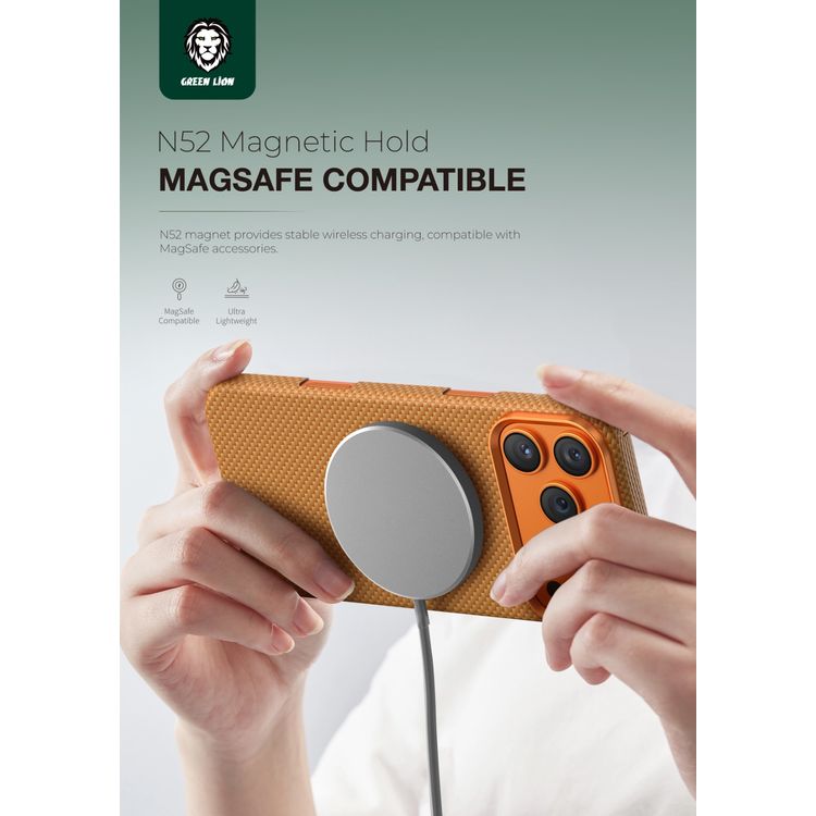 Green Lion Magsafe Kevlar Case for iPhone 17 Pro, Comfortable Grip, Aluminum Alloy Guard, Drop Protection, Lightweight Design, Ultra-Slim - Orange