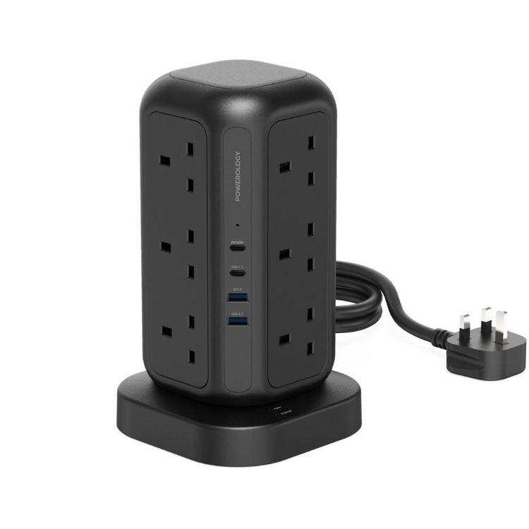 Powerology 12 Socket Multi-Port Tower Extension & Charge - Black