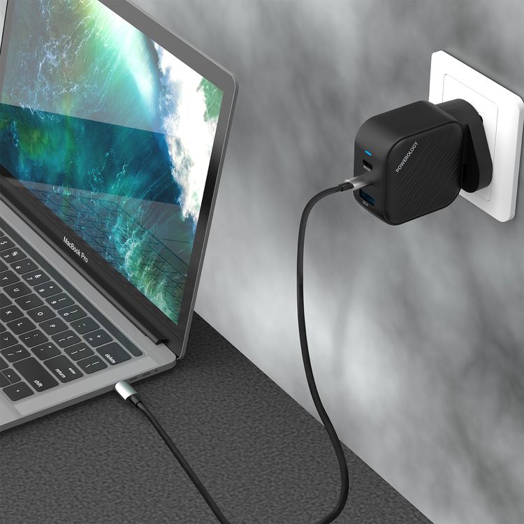 Powerology GaN Ultimate Dual PD Wall Charger with 65W Power Delivery, Compatible with Laptops, Quick Charge 3.0, Built-in Safeguard - Black