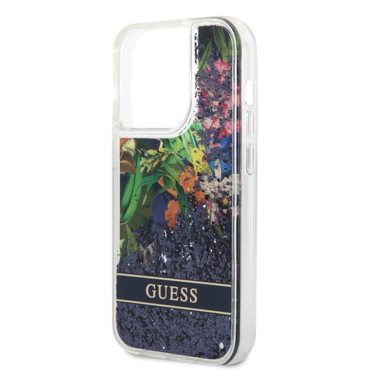 Guess Liquid Glitter Case with Flower Pattern Extra Shine Smooth Touch Feel iPhone 14 Pro Max Compatibility - Blue