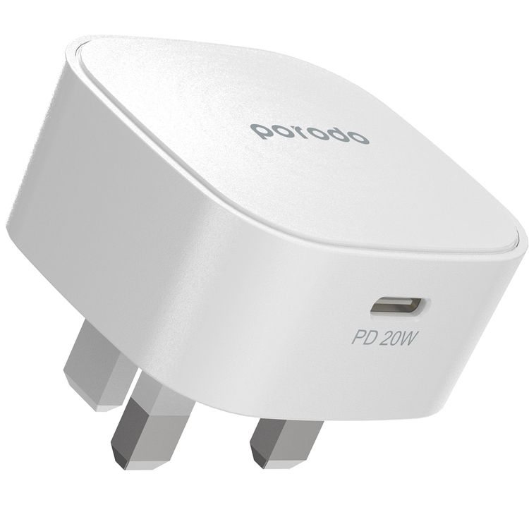 Porodo Super-Compact Fast Charger with 20W USB-C Power Delivery, Overcurrent Protection, UK 3-Pin Plug, Fire Retardant Material, 0%-60% Charge in 30 Minutes - White