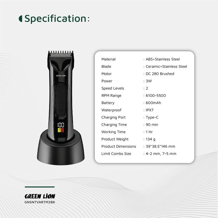 Green Lion Sensetive Area Trimmer 2 with LED Status Indicators, Storage Base, Type-C Charging, 2 Guide Combs, Digital Display, Spot Light, Corded & Cordless - Black