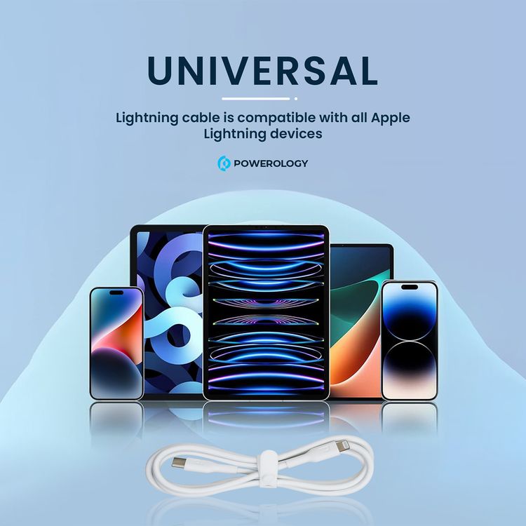 كابل Powerology من USB-C إلى Lightning مع توصيل الطاقة بقوة 20 واط، بطول كابل 1.2 متر، مصنوع من مادة PVC، متوافق عالميًا، مزامنة بيانات سريعة وشحن - باللون الأبيض.