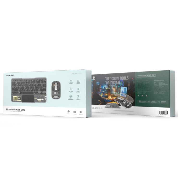 Green Lion Transparent Duo Wireless Keyboard & Mouse, 500mAh Keyboard Battery & 400mAh Mouse Battery, 5 Mouse Keys, Built-in Touchpad, 5 Million Times Lifespan, Compatible with Windows, iOS & Android - Black