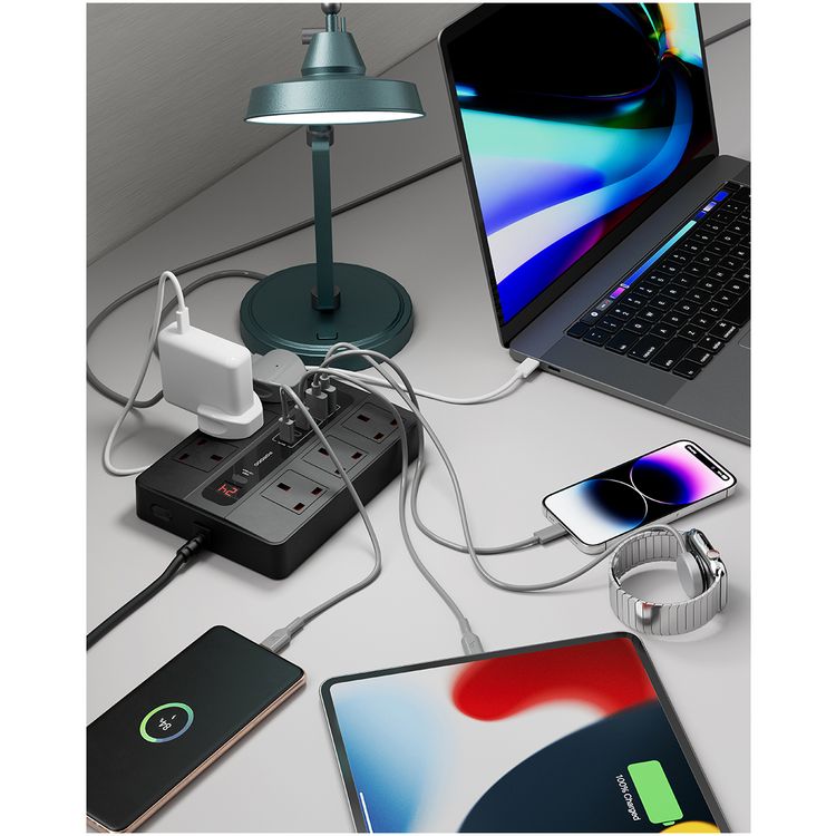Porodo Multi-Port Super HUB Ultimate Home & Office Kit with 4 USB-C & 2 USB-A, 3m Cable Length, Universal Sockets, Built-in Safeguard, Over-Heat Protection - Black