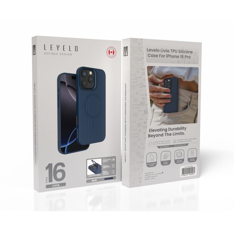 Levelo Livia Case for iPhone 16 Pro with MagSafe Compatibility, Impact-Resistant Corners, Built-in Kickstand, TPU with Silicone Surface, Metal Camera Ring - Blue