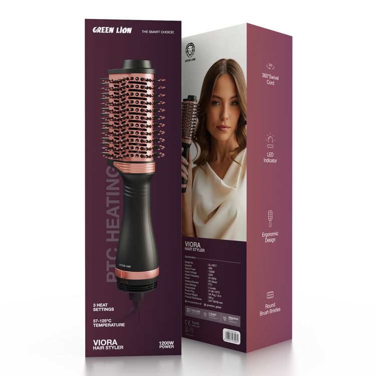 Green Lion Viora Hair Styler with PTC Heating Element, 1200W Power, Round Brush Bristles, 360° Swivel Cord, 3 Levels Heat Settings, ABS Material - Black
