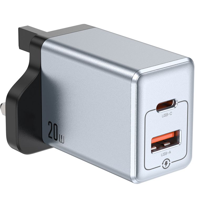 Green Lion Premium Dual Port Wall Charger with 20W Power Delivery, 0%-50% Charge in 30 Minutes, PC Flame Retardant Material, USB-C & USB-A Ports - Gray