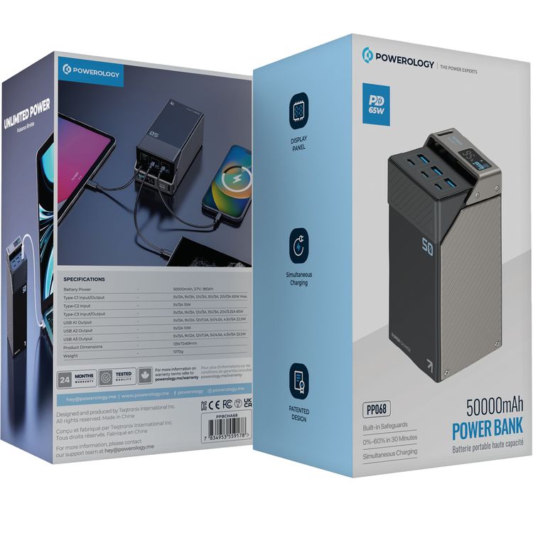 Powerology 50000mAh Power Bank with 65W Power Delivery, Built-in Safeguards, Simultaneous Charging, Display Panel, 0% - 60% Charge in 30 Minutes - Black