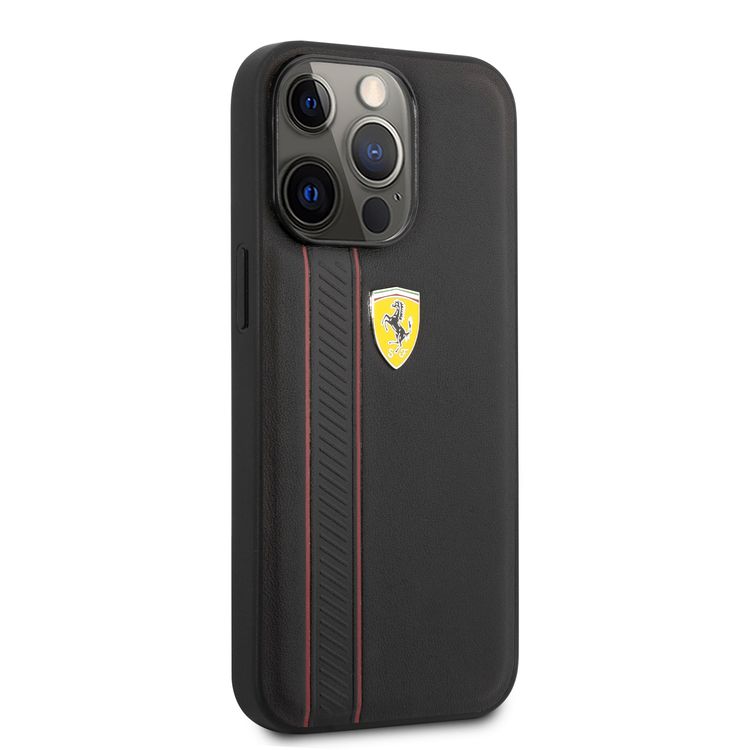 CG MOBILE Ferrari Genuine Leather Hard Case with Debossed Stripes Compatible for iPhone 13 Pro Max (6.7") Shock & Scratches Resistant, Easy Access to All Ports