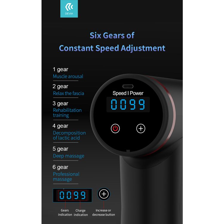 Devia 359668-BK General Fascia Gun Electric Massager Muscle Relaxer for Pain Relief { Brush Motor } 2000mah 25W - Black