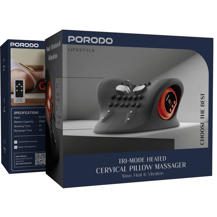 Porodo Tri-Mode Heated Cervical Pillow Massager with 3 Wave Gears, 3 Vibration Levels, Remote Controller, Magnetic Comfort Points, Warm Wave Board - Black