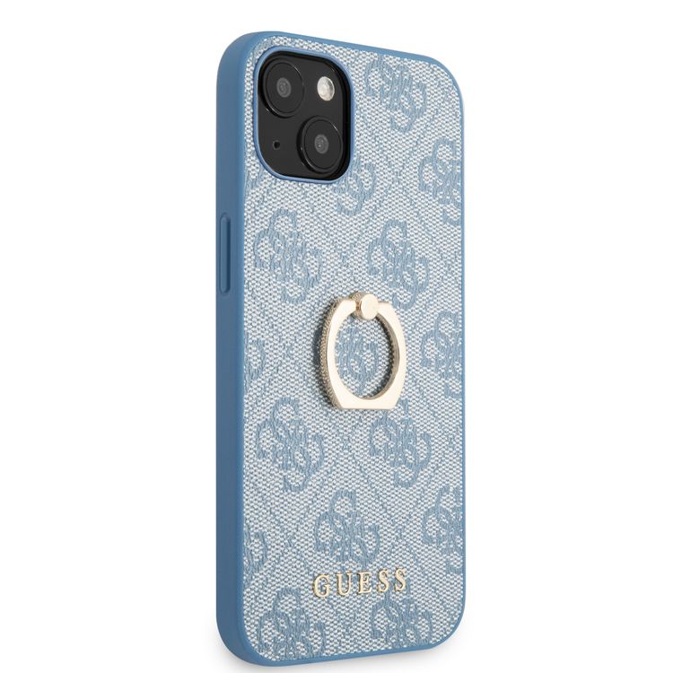 CG MOBILE Guess PU Leather 4G Case with 360° Rotating Ring Grip Holder Stand Compatible for iPhone 13 (6.1") Suitable with Wireless Charging Officially Licensed - Blue