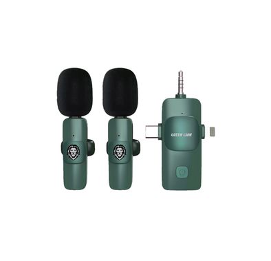 Green Lion 3-in-1 Microphone, Type-C, Lightning, AUX & Wireless Connectivity, Plug & Play, 5 Hours Battery Life, Digital Silicone Microphone - Green