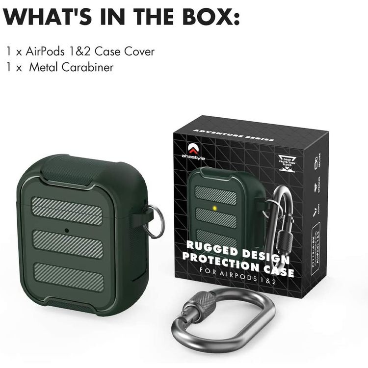 AhaStyle Rugged Armor Premium TPU Case with Anti-Lost Carabiner Compatible for AirPods 1/2, Hard-Shell Protective Cover, Scratch Resistant, Shock Absorption, Drop Protection, & Dustproof Protective Silicone Cover Supports Wireless Charging - Midnight Green