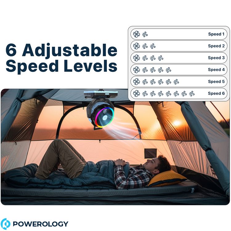 Powerology Ventopower Outdoor 40K Oscillating Fan with 6 Speed Levels, High Capacity Battery, Timer, Dynamic Mood Lighting, TF Card Playback, Oscillating Fan Head - Black