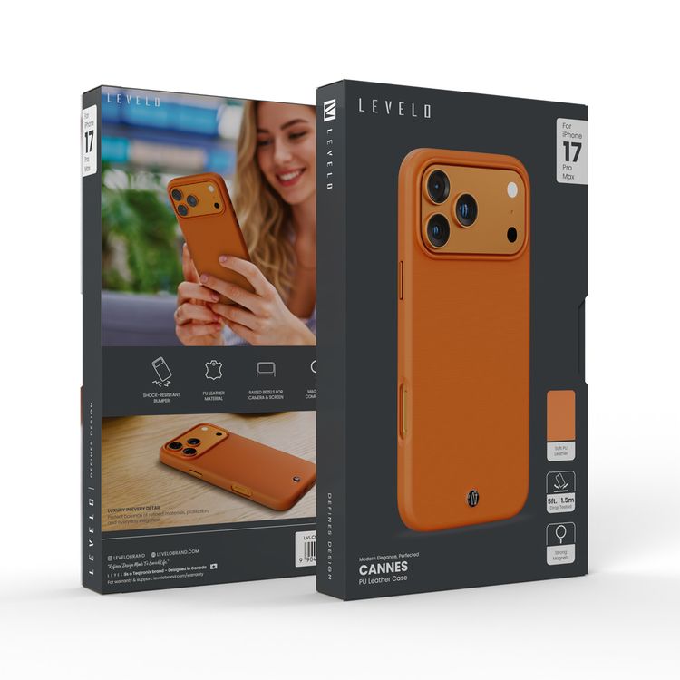 Cannes PU Leather Case for iPhone 17 Pro Max with Strong Magnets, Shock-Resistant Bumper, MagSafe Compatibility, 5ft. | 1.5m Drop-Tested, Soft PU Leather Material - Orange