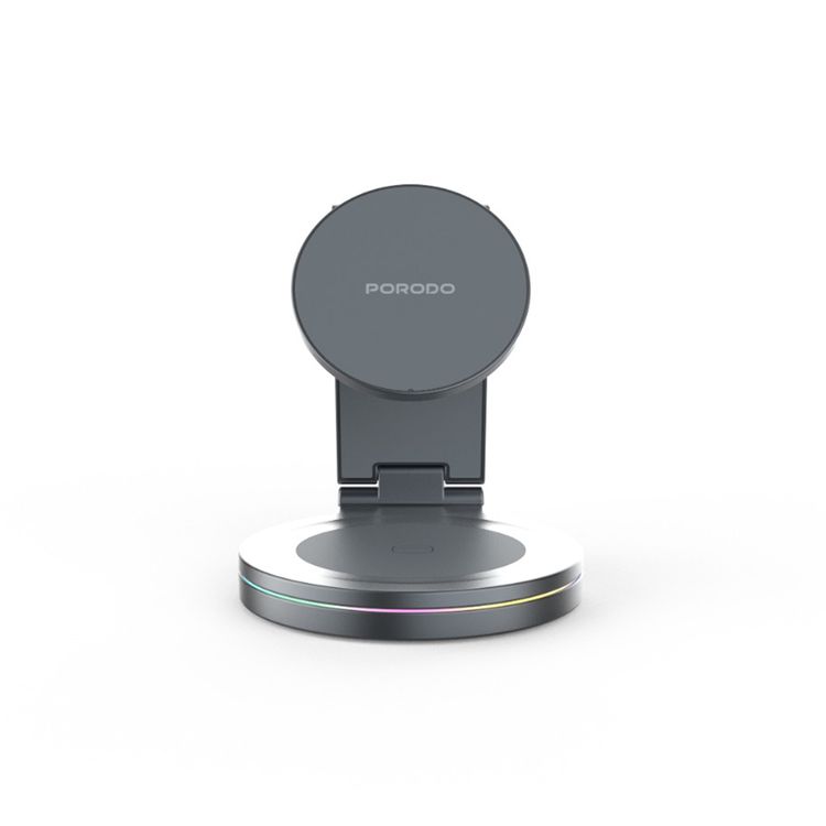 Porodo Rotating Base Three-Device Wireless Charger with 15W Wireless Output, Folding Design, Fast Charging, Type-C Input Interface, Lightweight & Portable - Gray