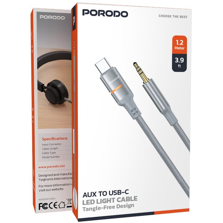 Porodo AUX to USB-C Cable with LED Light, 1.2m Cable Length, Universal Compatibility, Braided Cable Type, Tangle-Free Design - Gray