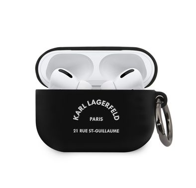 CG Mobile Karl Lagerfeld White RSG Logo Case with Ring Compatible for Apple AirPods Pro, Scratch & Drop Resistant,  Protective Silicone Cover With Anti-lost Holder for Apple AirPods Pro Officially Licensed - Black