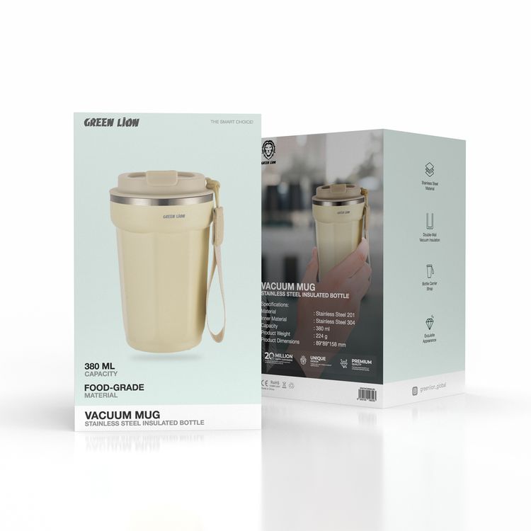 Green Lion Vacuum Mug, 380 mL Capacity, Stainless Steel Material, Double-Wall Vacuum Insulation, Exquisite Appearance - Beige