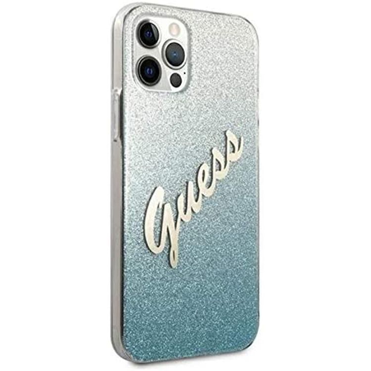 CG MOBILE Guess HC PC/TPU Script Glitter Back Shield Hard Phone Case Compatible for Apple iPhone 12 Pro Max (6.7") Shock-Absorption Mobile Case Officially Licensed - Gradient Blue