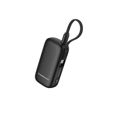 Powerology 5000mAh Power Bank with Removable USB-C Wire, Advanced Charging Technology, 2-Device Charging, Compact & Portable, Built-in Safeguards, 20W Power Delivery - Black