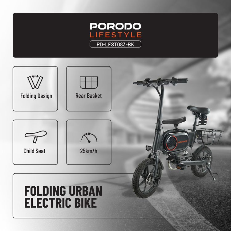 Porodo Lifestyle Folding Urban Electric Bike with 120kg Load Capacity, 14" Wheels, Pedal Assist System, 25km Max Distance, 15° Incline, Front and Rear Brakes - Black