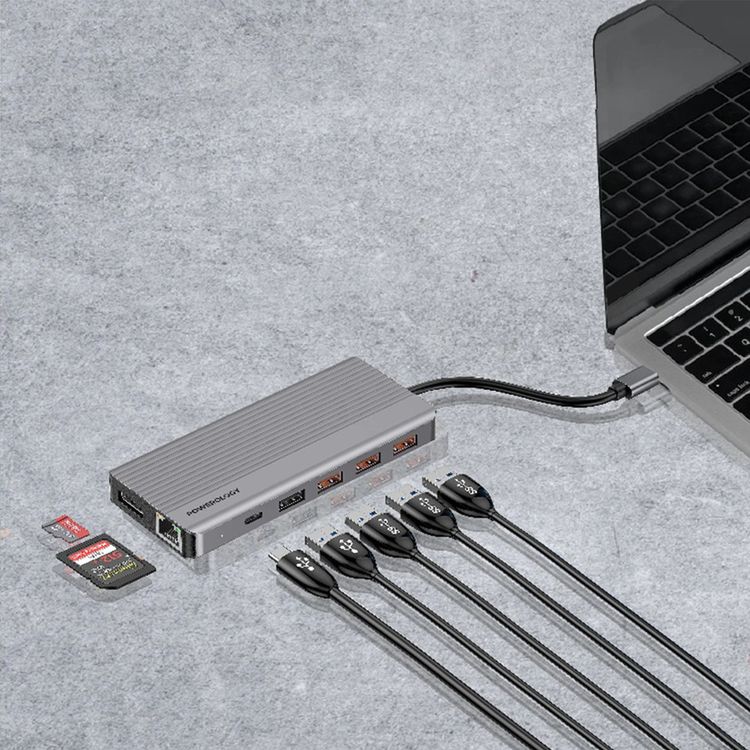 Powerology 12 in 1 - Hdmi & DP 4K Usb-C Hub Ethernet 10Gbps Data Transfer - Gray