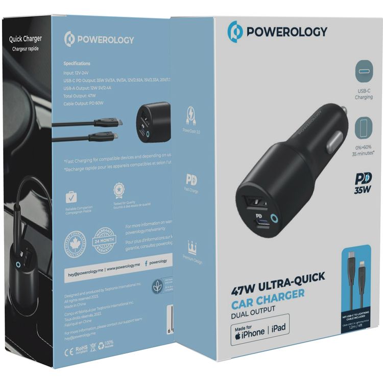 Powerology Dual Port Car Charger with USB-A & USB-C Ports, PD 35W, 47W Total Power, USB-C to Lightning Cable, 1.2m Cable Length, Fast Charging - Black