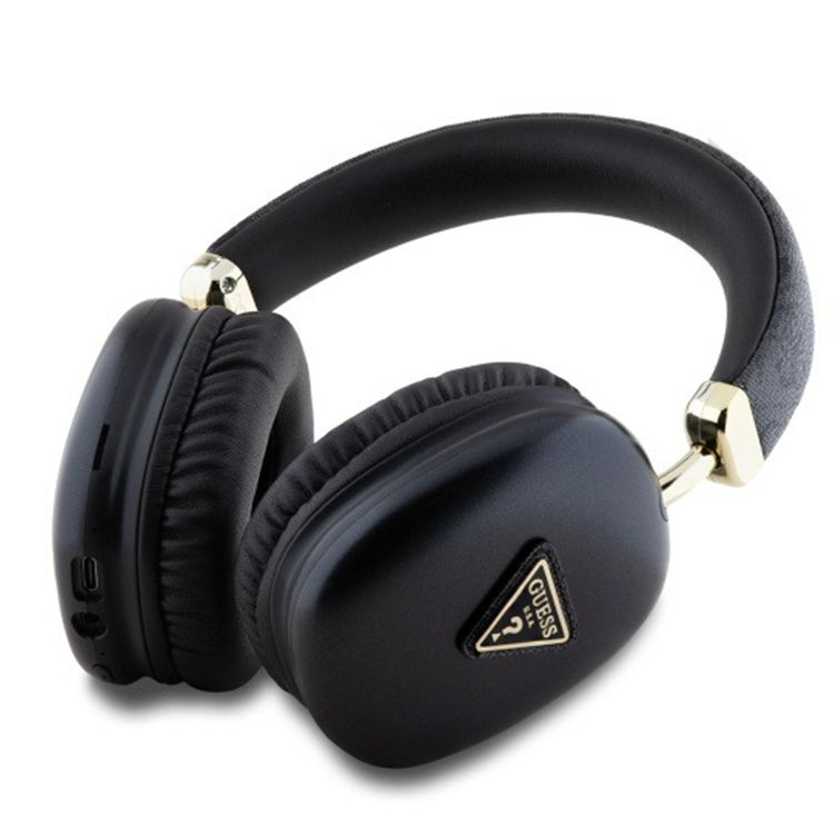 Guess 4G Bluetooth Headphones with Gold Triangle Logo, 32 Hours Playback Time, Fast Charging in just 2 hours, High-Quality Comfort Cushion, Track & Calls Control, Water Proof, Hands-free Calls, USB-C Connecting Port - Black