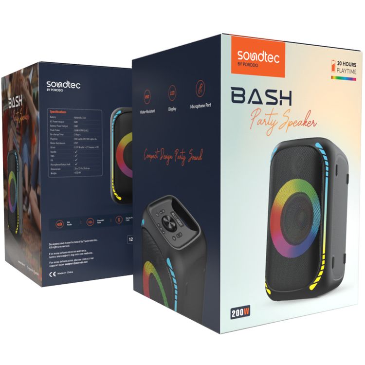 Porodo Soundtec Party Speaker with 200W Power, 4000mAh Battery Capacity, Built-in FM Radio, Bluetooth Control, IPX7 Water-Resistant, 20 Hours Play Time, 3 Hours Charging Time, 1.4" Microphone/Guitar Port, 3.5mm AUX Jack, USB-A Charging Port, LED Display, Button Control - Black