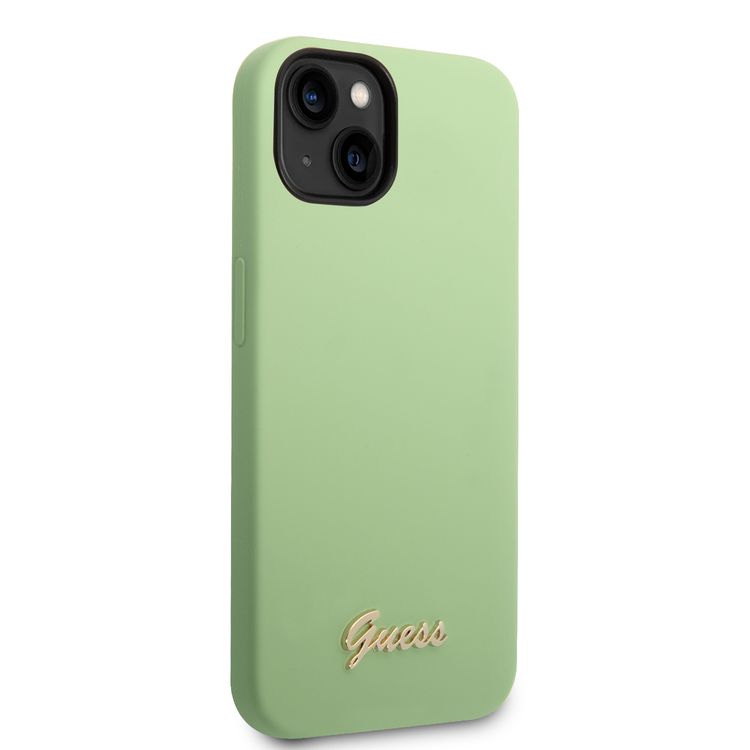 Guess Liquid Silicone Case With PC Camera Outline & Script Metal Logo - iPhone 14 Plus - Green