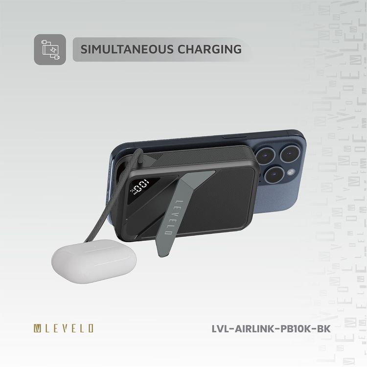 باور بانك Levelo Air Link 10000mAh MagSafe مع حامل وInt، وكابل إدخال/إخراج Type-C مدمج، وحامل مدمج، وشحن سريع Qi2 15 وات، وكابل قبضة، وشحن متزامن - أسود
