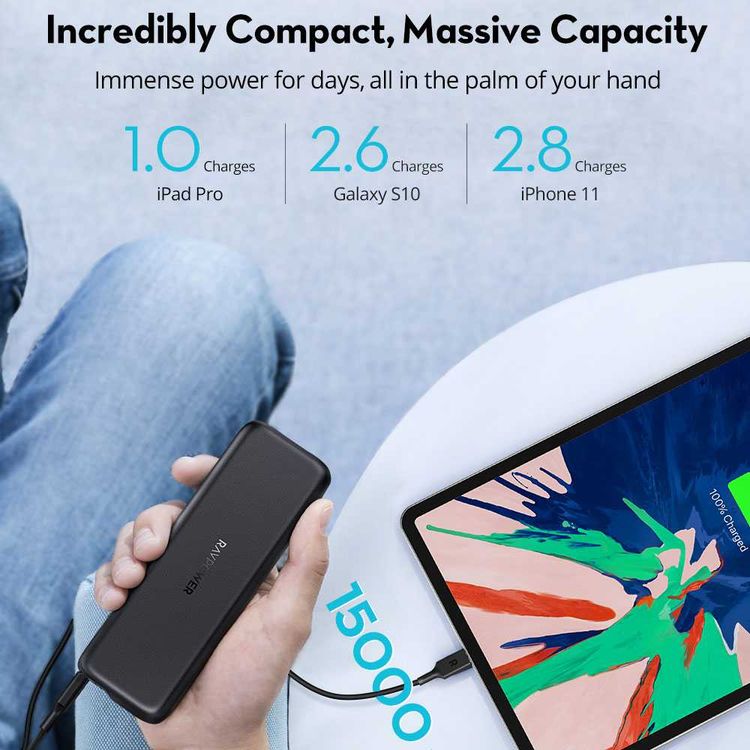 RAVPower 2-Port PD Pioneer Power Bank 15000mAh 30W w/ LED Power Percentage Display - Compact Size Design - Fast Charging Portable Charger Powerbank w/ Multiple Protection - Black